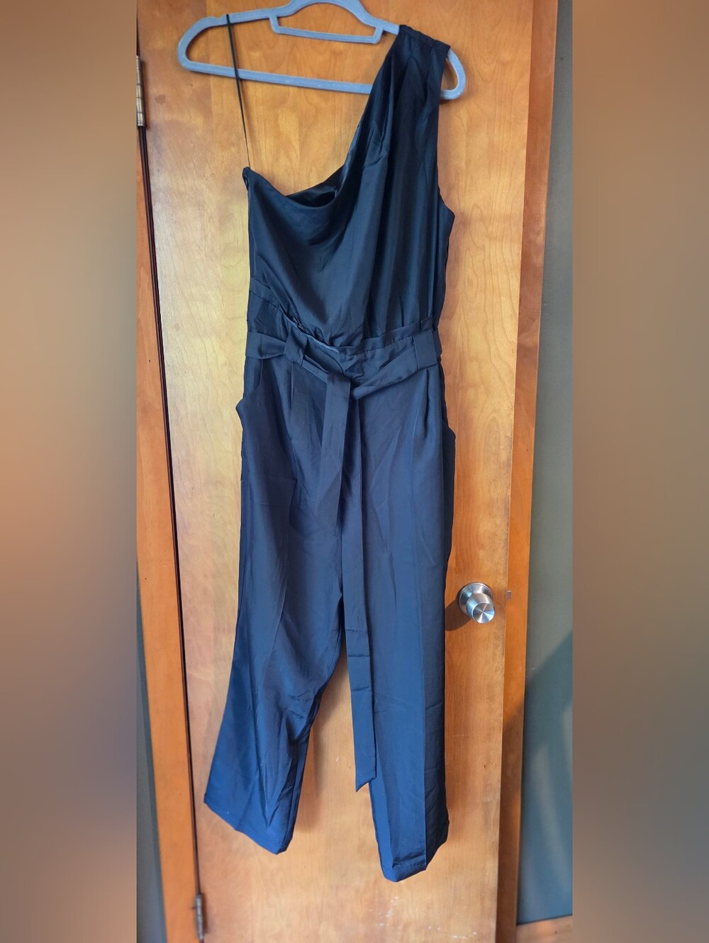 Express One-Shoulder Black Jumpsuit with Waist Tie